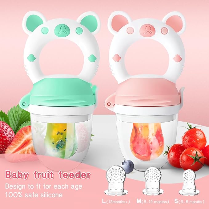 Baby Fruit Feeder with with 2 Extra Teats, Toddler Eating Essentials, BPAFree Feeding Supplies, Silicone Fresh Food Feeder for Safe Infant Self Feeding (Bear- Blue Pink)