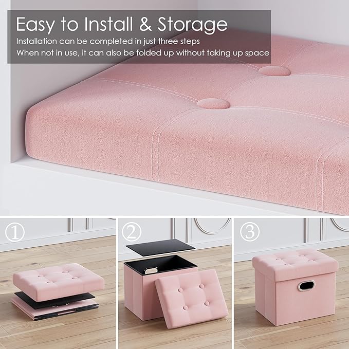 PRANDOM Ottoman with Storage [1-Pack] Velvet Folding Small Square Foot Stool with Lid for Living Room Bedroom Coffee Table Dorm Pink 17x13x13 inches