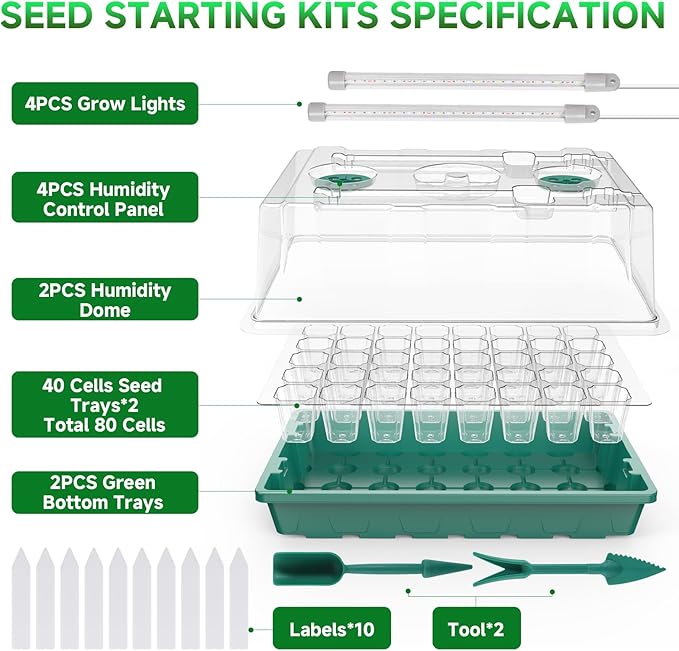 80 Cells Seed Starter Trays with Grow Lights, Color Change Grow Lights for Seed Starting Kit, 3 Timming Set, Plant Growing Kit for Gardeners，Germination Trays Kits