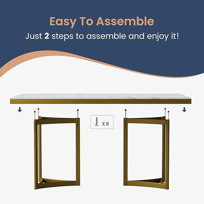 POVISON Marble Dining Table for 6, Modern Dining Room Table 71" for Kitchen & Dining Room, Luxury White Marble Table Top with Gold Trestle Pedestal(Dining Table Only)