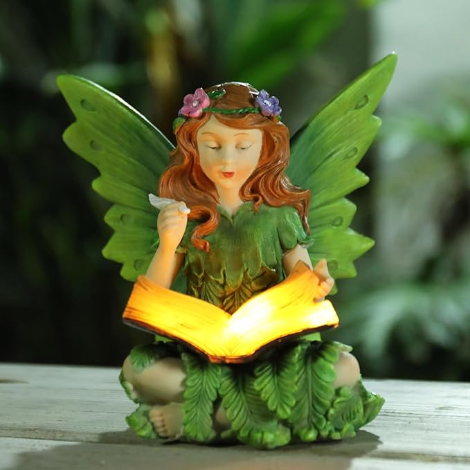 Fairy Garden Statues Outdoor Decor, Solar Fairy Lights Outdoor Lawn Ornaments Resin Sculptures Fairies Garden Decor for Outside Yard Art Patio Porch, Gifts for Women Mom