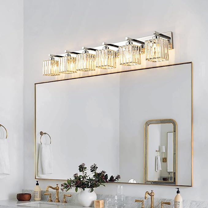 Modern 6-Light Chrome Crystal Bathroom Vanity Light Fixtures