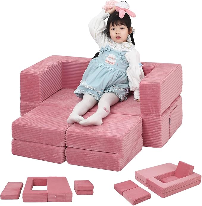 MeMoreCool Modular Kids Couch, Corduroy Play Toddler Couch for Bedroom Playroom Furniture, Convertible Foam Kids Sofa Bed, Fold Out Baby Sofa for Girl Boy, Pink