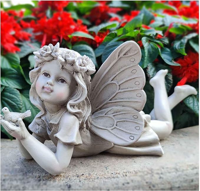 MeritMode Fairy Flower Garden Outdoor Statue - Angel Holding Bird and Butterfly, 11" Width, Cherub Decor and Grandma Gifts, Patio and Yard