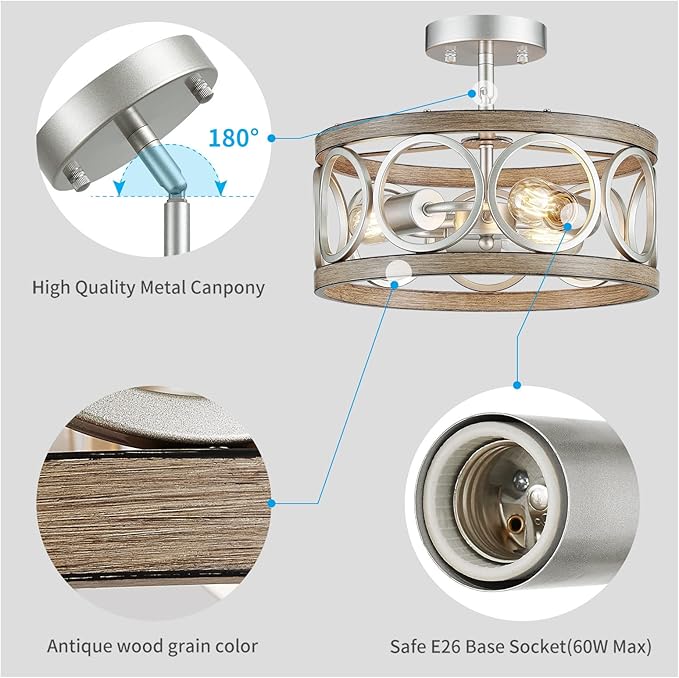 XINGQI 13" Modern 3-Light Brushed Nickel Rustic Semi Flush Mount Ceiling Light Fixture Wood Grain Metal Round Lamp for Kitchen Dining Room Bedroom Entryway