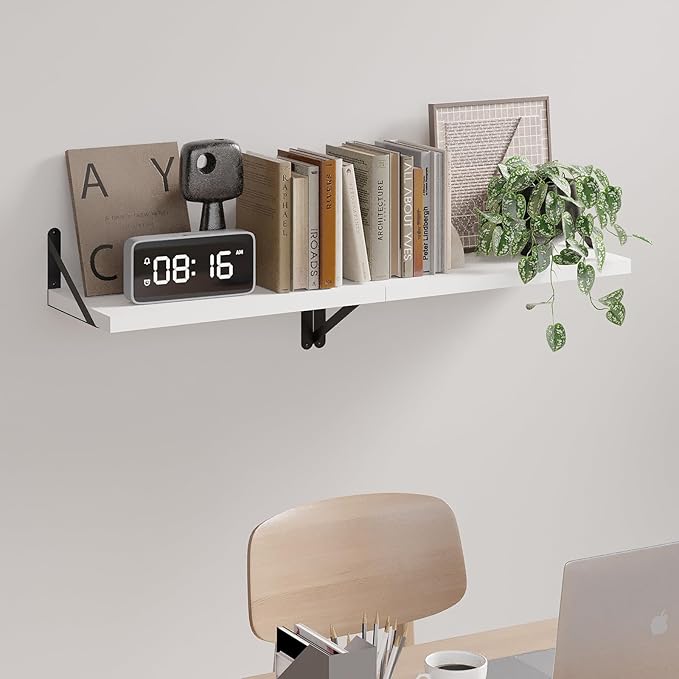 SAUMONIER Floating Shelves Bookshelf for Bedroom Bathroom Living Room Wood Wall Mounted Wide Deep Storage, White Painted 24 Inch Shelves Set of 2