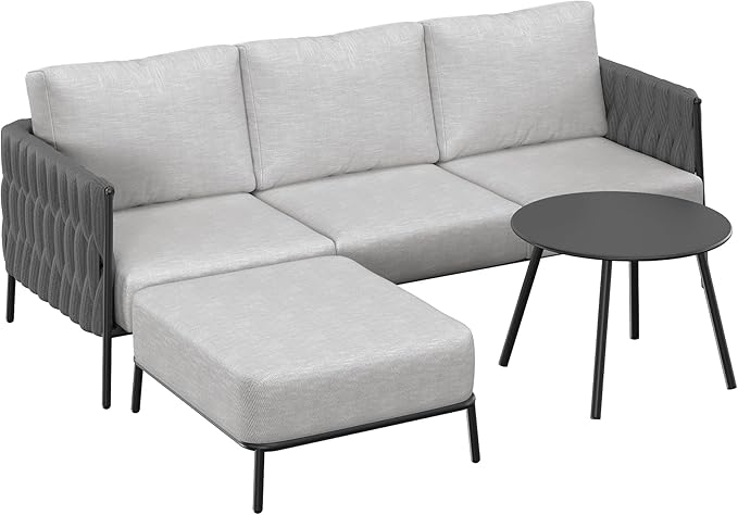 EAST OAK Life Chatter Patio Furniture Set, Outdoor Furniture Sectional Sofa Set with Round Coffee Table, 4 Seats Sofa Deep Seating with Thick & Washable Cushions, Earth Black & Misty Grey