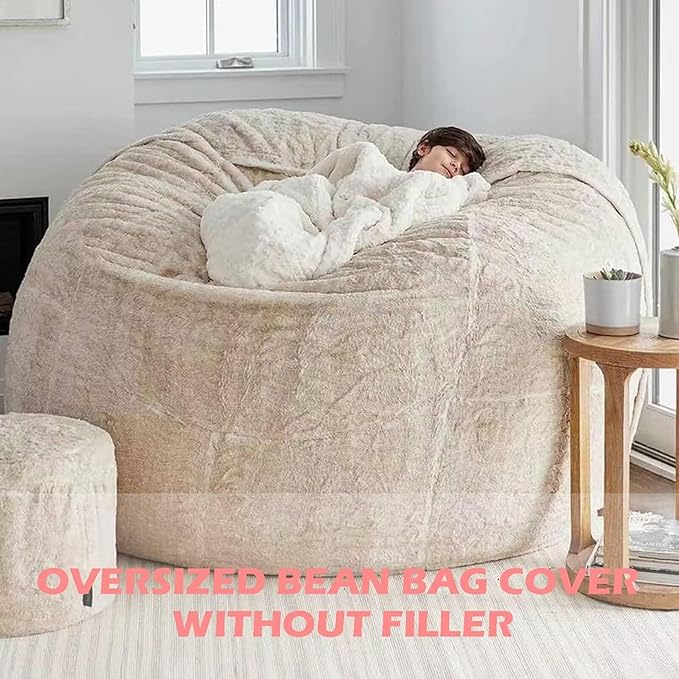 BCU Oversized Bean Bag Cover Comfy Beanbag Chair for Adults Without Filler Faux Fur Floor Chair Lazy Sofa Cover Comfy for Living Room Chairs, Silver Red, 5FT