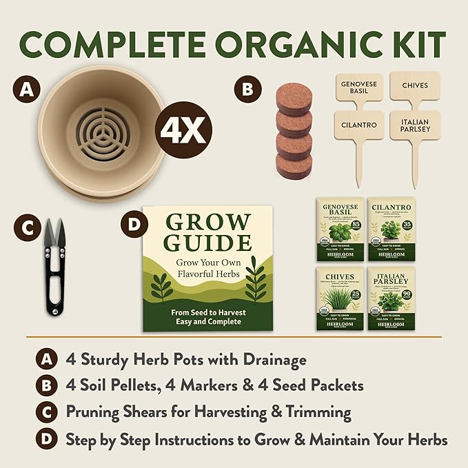 HOME GROWN Indoor Organic Herb Garden Kit – Unique Christmas Gift for Adults, Men, & Women - Grow 4 Herb Seeds for Kitchen Window Garden – Beginner DIY Hobby Gardening Gift for Plant Lovers, Mom & Dad