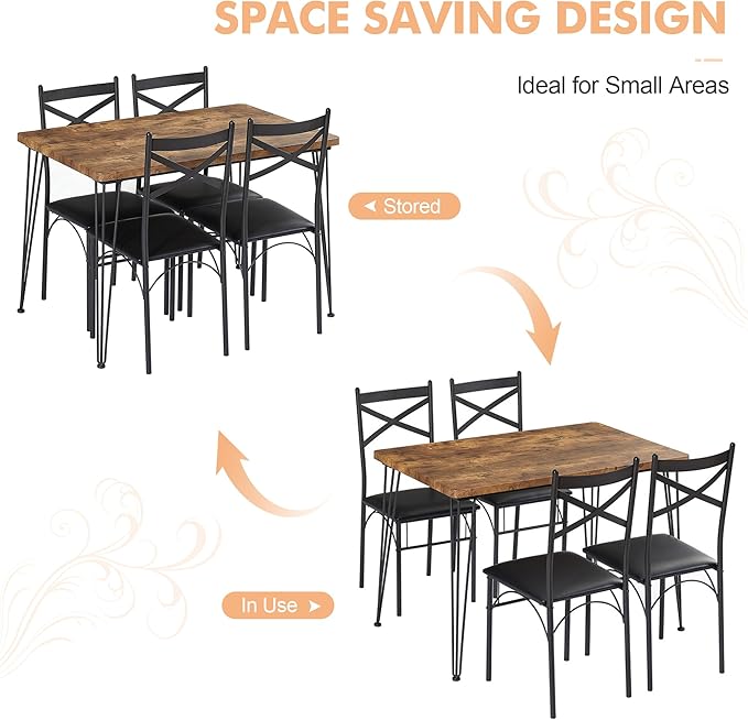 VECELO Dining Table Set for 4, Kitchen Table Set with 4 Chairs for Small Space, Space-Saving and Modern Design, Apartment, Easy to Assemble,Brown