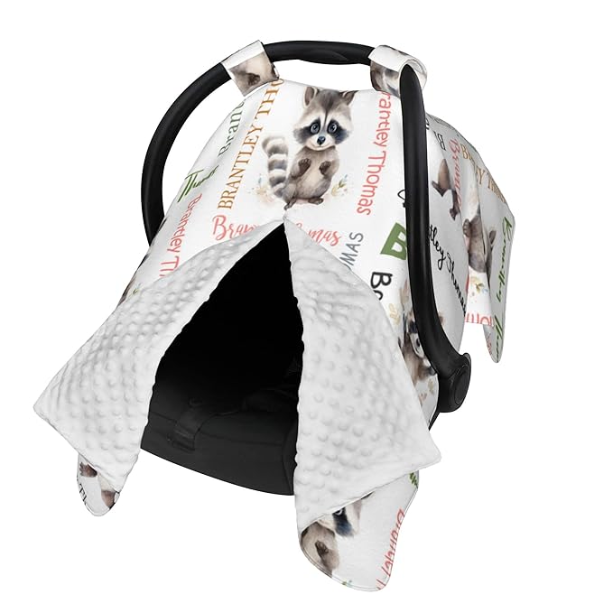 Personalized Winter Baby Car Seat Cover with Name Raccoon Winter Car Seat Cover for Baby Seat or Stroller Custom Infant Car Seat Covers Minky Blankets Nursing Cover Breastfeeding Scarf