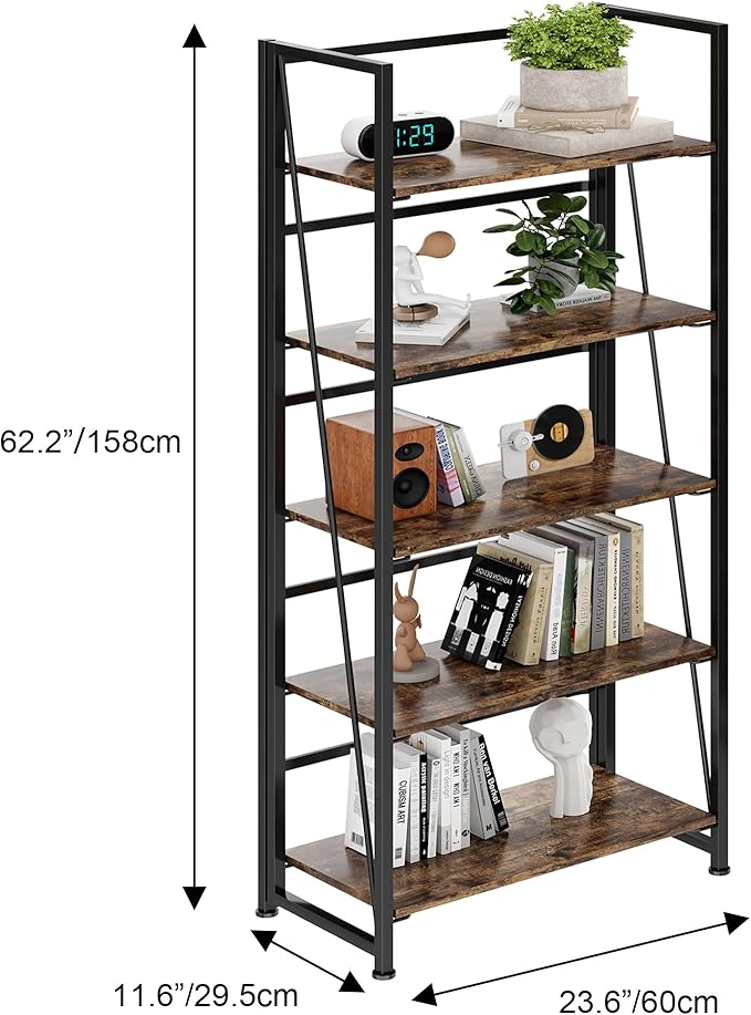 BHG Vintage Multifunctional Folding Bookshelf, No-Assembly Plant Stand Storage Rack Shelves for Home Office (Fire, 5-Tier)
