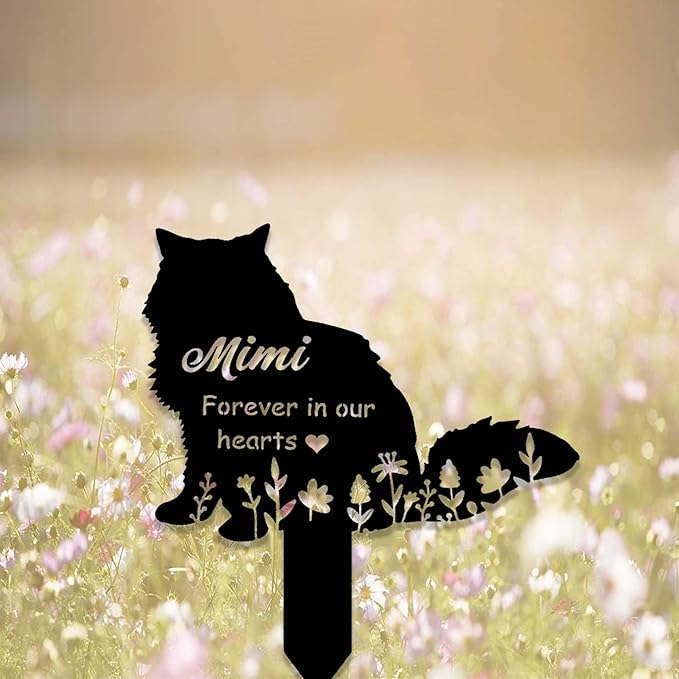 Custom Fluffy Cat Memorial Stake Sign - Metal Grave Marker with Personalized Cat Name - In Heaven Remembrance Yard Stake for Loss of Pet Sympathy Gift
