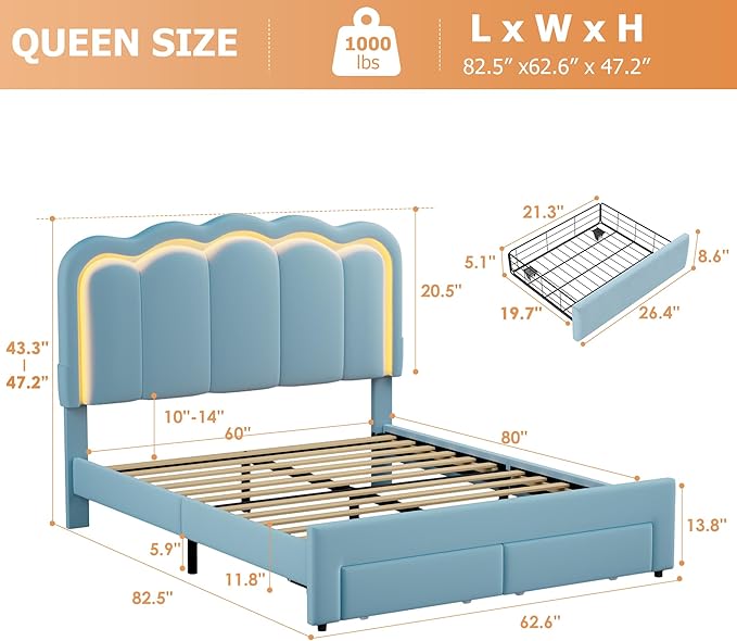 Queen Upholstered LED Bed Frame with 2 Storage Drawers and Adjustable Chic Double Wavy Headboard, Velvet Princess Platform Bed with Charing Station, Solid Wood Slats Support,No Box Spring Needed,Blue