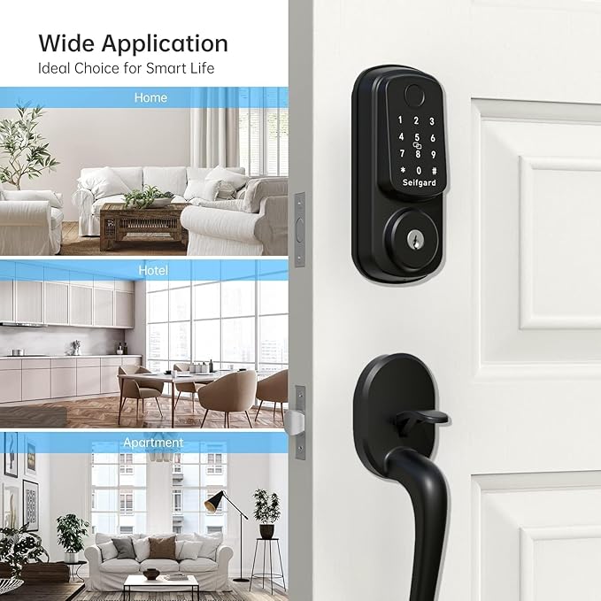 Keyless Entry Door Lock with Handle Set, Smart Door Lock for Front Door with Woodworking Flat Wing Drill, Electronic Keypad Deadbolt Lock, Auto Lock Compatible with Alexa, Black