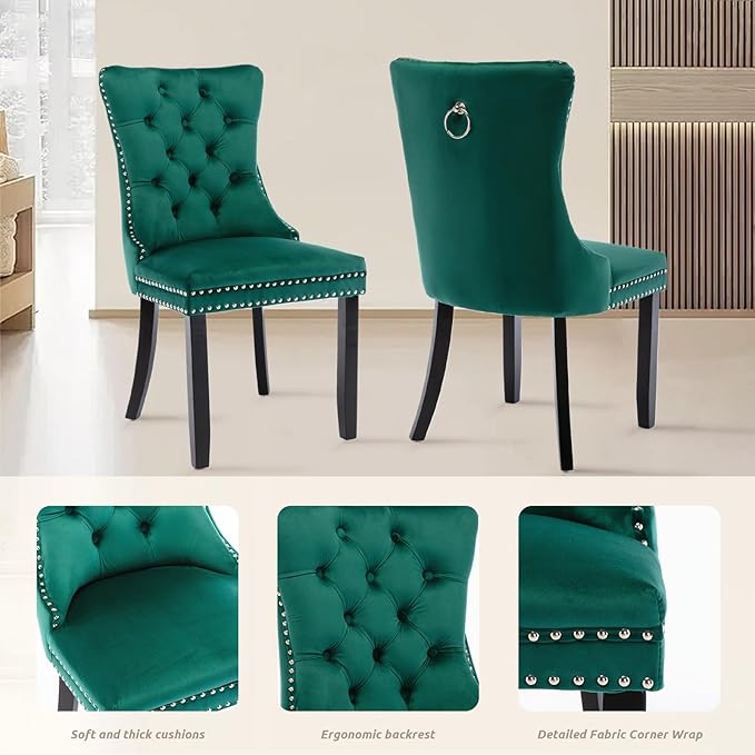 SoarFlash Kitchen Table and Chairs for 2, 31.5" Dining Table Set for 2 with Velvet Upholstered Chairs, 3 Piece Round Kitchen Table Set, Dining Room Table Set for Small Space, Apartment, Green/Black