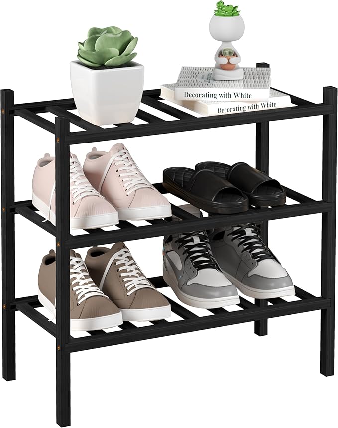 3-Tier Bamboo Small Shoe Rack, Free Standing Wood Shoe Shelf Storage Organizer for Closet Entryway Stackable (Black)