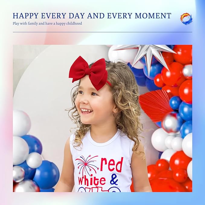 YanJie 3rd of July Hairband Nylon Baby Girl Bows with Red, White, Blue Accents - One Size Fits All Infant Toddler Headbands for Festivals, Everyday Wear, and Special Occasions - Set of 3
