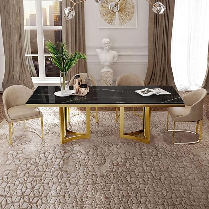 POVISON Marble Dining Table for 6, Modern Dining Room Table 63" for Kitchen & Dining Room, Black Marble Table Top with Luxury Gold Trestle Pedestal(Dining Table Only)