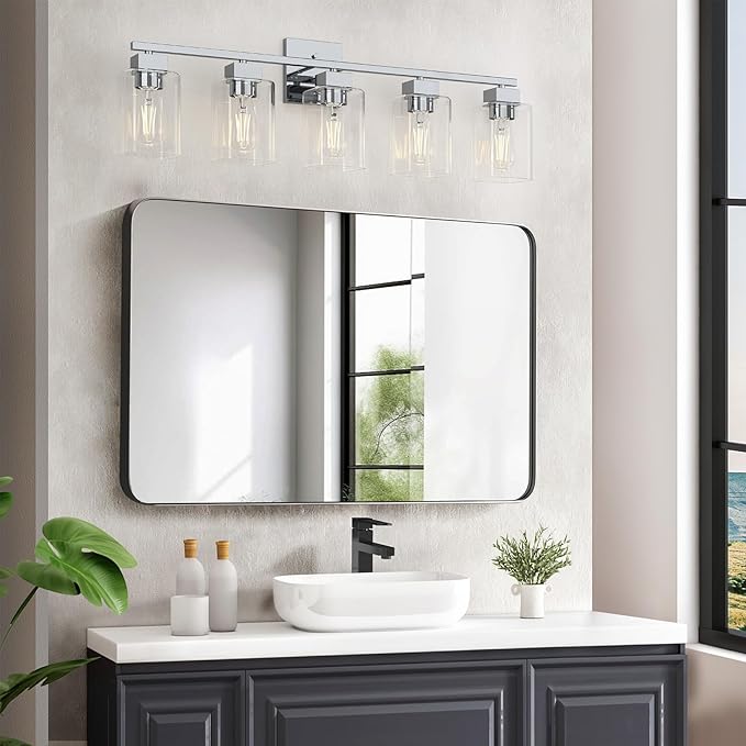Espird 5 Light Bathroom Vanity Light - Chrome Bathroom Light Fixtures Square Design & UL Certification, 31 Inch Bath Room Light Fixtures Over Mirror for Living Room & Bedroom & Restroom