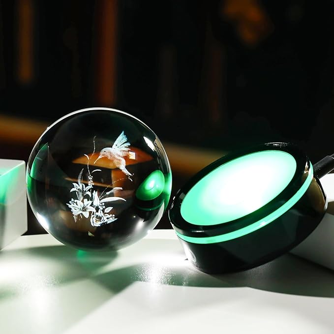 YWHL 3D Hummingbird Figurine Crystal Ball with Light Base, Hummingbird Gifts for Women Men on Christmas Birthday, 3D Laser Engraved Hummingbird Ornament Glass Decorative Ball for Home Office (80mm)