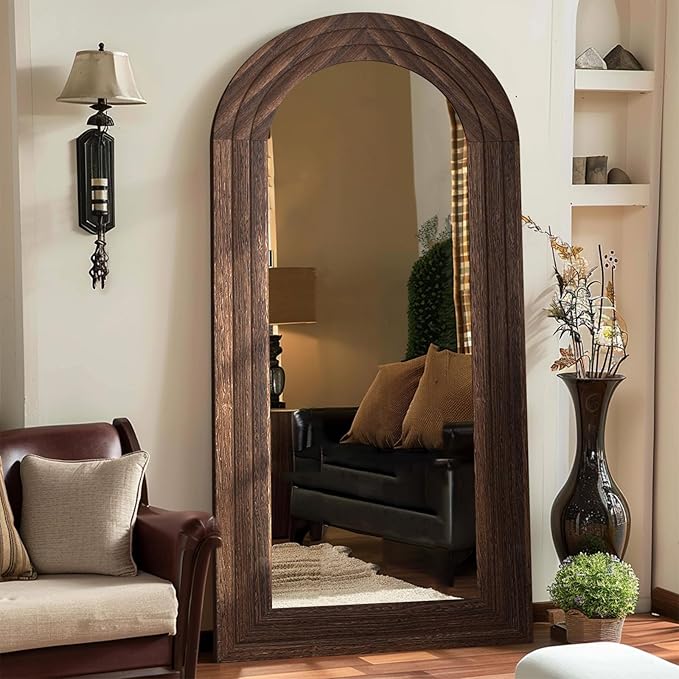 Arched Full Length Mirror with Solid Wood Frame, 71x32 Farmhouse Wall Mounted Floor Mirror with Stand, Vertical Hanging, Leaning Standing for Bedroom, Living Room, Brown