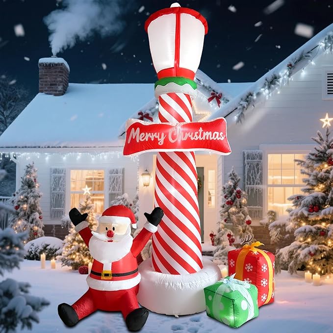 ZXSWONLY 8.1ft Christmas Inflatable Lighthouse with Santa Claus and Gift Box, Christmas Inflatable Lighthouse with Built-in LED Lights for Holiday Party Outdoor Garden Yard Lawn Decoration