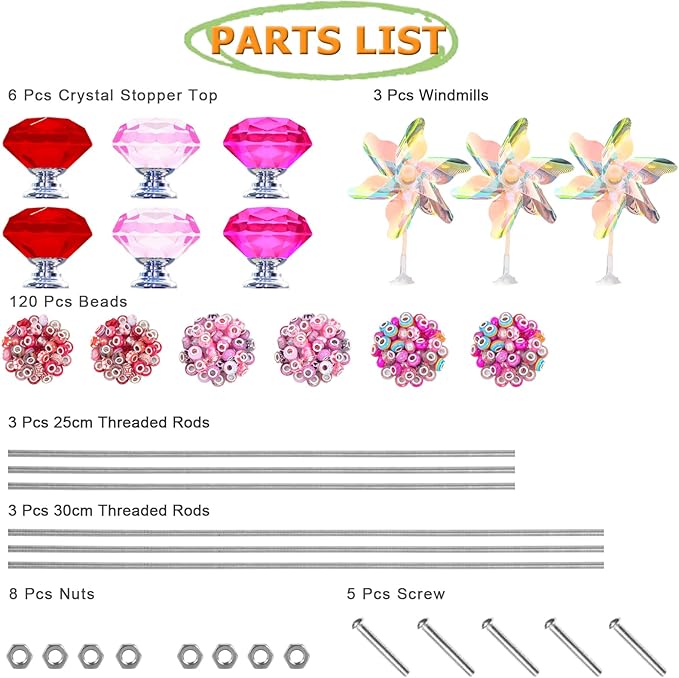148 PCS Beaded Garden Stakes Kit, DIY Fairy Wand Garden Stake Beads Kits with Assortment Large Hole Beads 6 Crystal Stopper Top Threaded Rods and 3 Colored Small Windmills for Outdoor Indoor Decor
