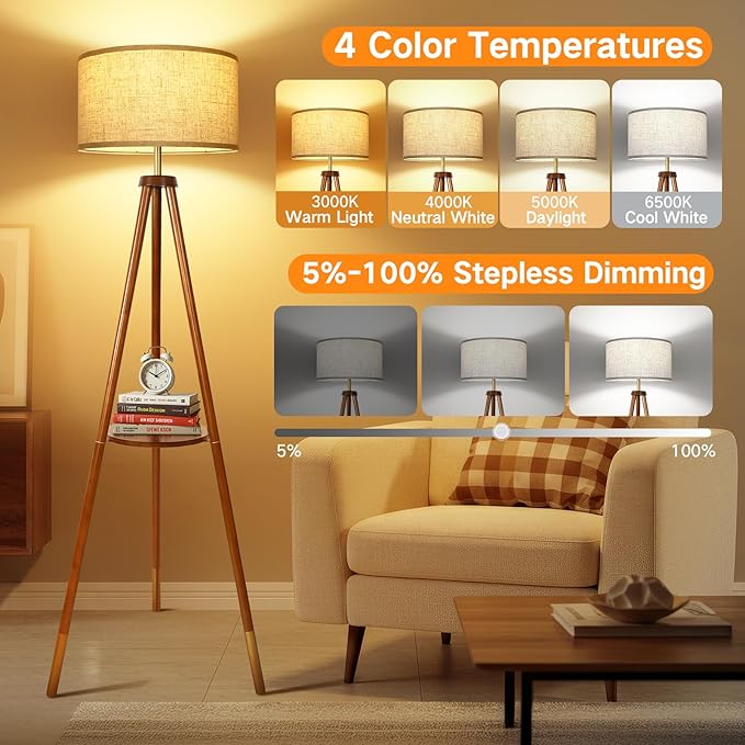 OUTON Wood Tripod Floor Lamp with Shelves, Mid Century Floor Lamp with Remote Control, 4 Color Temperature, LED Modern Dimmable Standing Lamp for Living Room, Bedroom, Office, Walnut & Gold