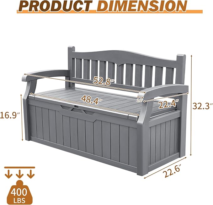 Devoko 80 Gallon Storage Bench Deck Box Lockable for Patio Furniture, Garden Decor and Outdoor Seating for Cushions, Garden Tools and Pool Supplies (Grey)