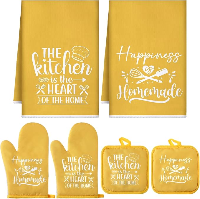 Sratte 6 Pcs Kitchen Decor Accessories Set Farmhouse Towels Pot Holders Oven Mitts Set 2 Dish Towels 2 Potholders 2 Cooking Mittens Oven Glove for Christmas Baking Cooking Supply(Yellow,Kitchen)