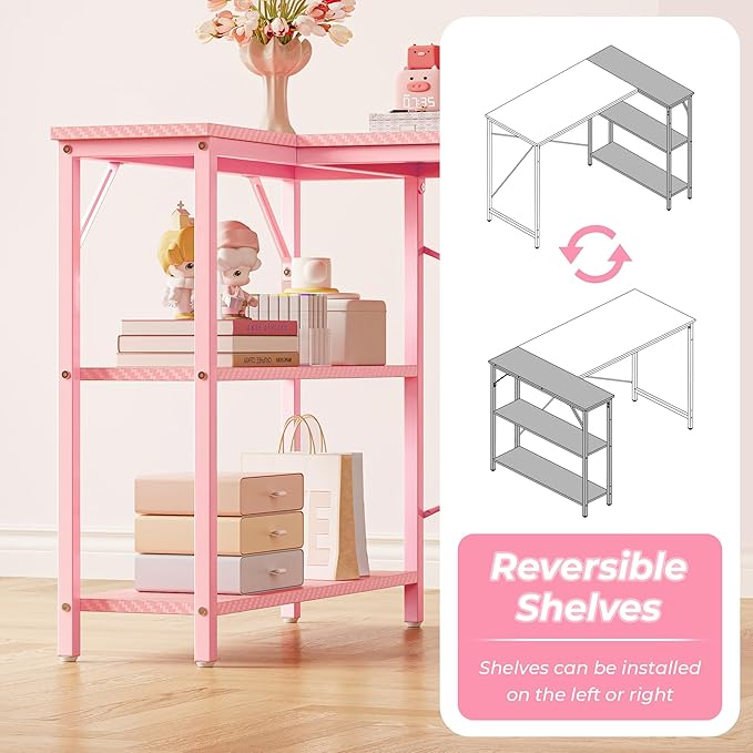 Huuger L Shaped Desk, 47 Inches Computer Desk with Reversible Storage Shelves, Gaming Desk, Corner Desk Home Office Desks, Writing Study Desk with Metal Frame, Pink