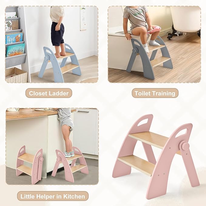 Wooden 2 Step Stool for Kids Bathroom Sink Foldable Anti-Slip 2-Step for Toilet Potty Training, Child Stepping Stool for Kitchen Nursery Bedroom, Sturdy Non Slip Adult Stool for Closet Pink