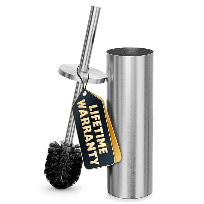 Stylish Stainless Steel Toilet Brush and Holder Set - Silver Toilet Bowl Brush and Holder with Splash Cover, Sturdy Bristles, Corrosion & Scratch Resistant - Elegant Design, Effective Deep Cleaning