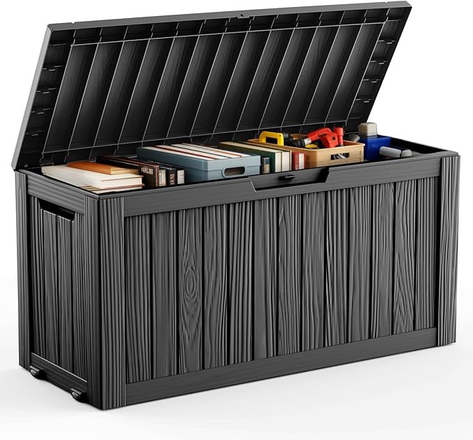 DRATO 75 Gallon Deck Box, Waterproof Resin Large Outdoor Storgae Box for Patio Furniture, Patio Cushions, Gardening Tools, Pool Supplies, Lockable（Black，75 Gallon）