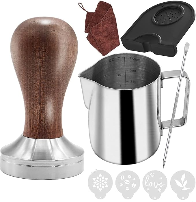 51mm Coffee Tamper Set Barista Kit for Portafilter Machine Wooden Espresso Tamper with Tamper Mat, Frothing Pitcher (350 ml/11.836 oz), Barista Towel, Latte Art Pen and Decorative Stencils