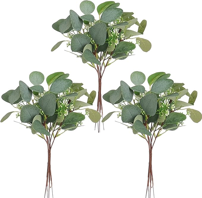 Beferr 18pcs Eucalyptus Stems Bulk Faux Silver Dollar Eucalyptus Leaves Plant Branches Artificial Greenery Stems for Flower Arrangements Home Decor Indoor
