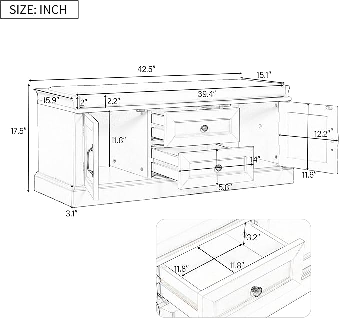 Entryway Storage Bench with Drawers & Cabinets — Cushioned Shoe Storage Bench for Hallway, Mudroom, or Living Room, Solid Wood Frame (Gray Wash)