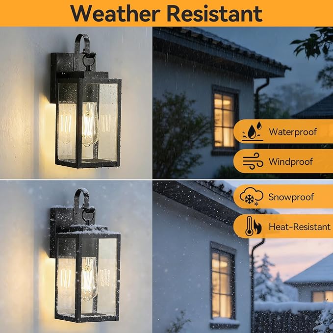 2 Pack 11.8-inch Dusk to Dawn Outdoor Wall Lights, Black Exterior Light Fixture with Clear Tempered Glass, IP65 Waterproof All-Metal Sconce for Porch, Front Door, Garage
