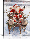 Vintage Santa in Sleigh with Reindeer Christmas Canvas Wall Art - Classic Framed Prints for Living Room & Office, Cozy Winter Snow Scene Nature Decor, Ideal Christmas Gifts & Festive Decorations