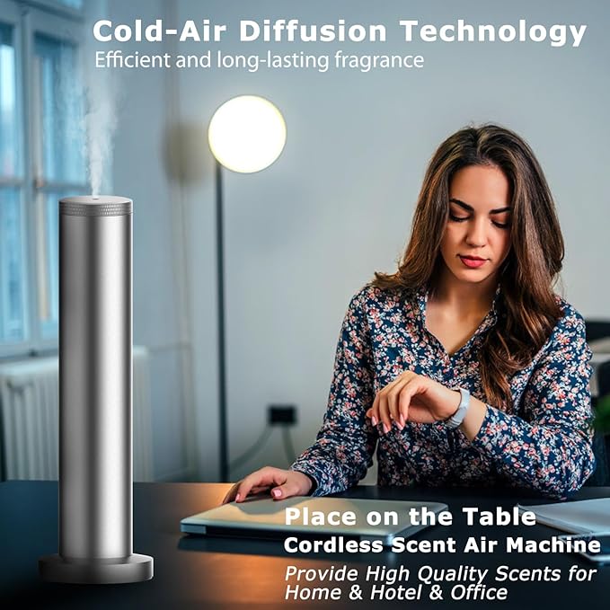 Hotel Scent Diffuser Machine -Cordless Rechargeable Diffuser for Whole House- Scent Air Machine for Home -App Bluetooth Control - Waterless Essential Oil Diffuser for Large Room, Studio Office -Silver