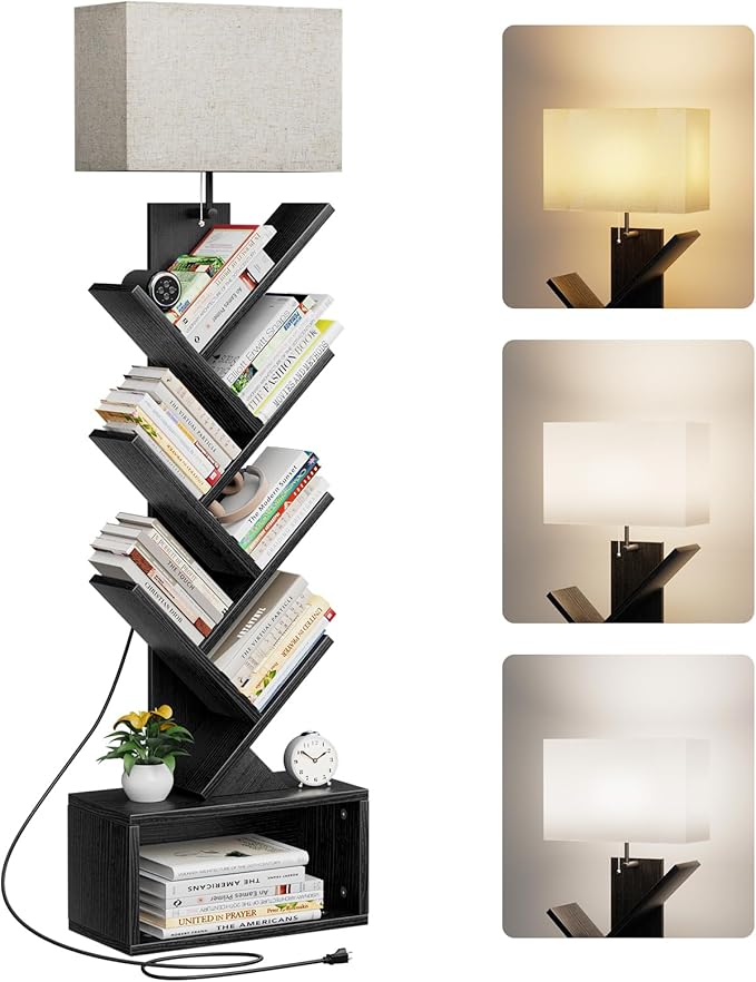 6 Tier Tree Bookshelf with Light, Narrow Bookcase Tower, Tall Floor Standing Book Shelf Organizer with Storage Cabinet for Living Room, Bedroom and Home Office, Black