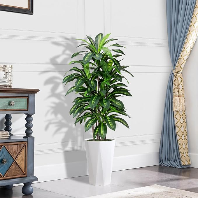 Artificial Dracaena Plant Indoor 5FT Fake Tree with White Diamond Planter Faux Yucca Tall Fake Floor Plant in Pot Artificial Trees for Home Office Living Room Decor Indoor