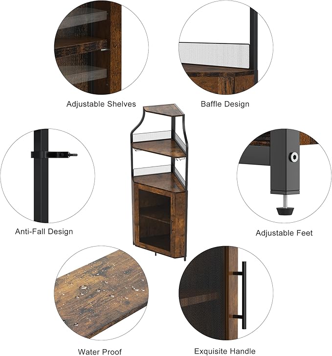GarveeHome Corner Wine Cabinet with Detachable Wine Rack, 5-Tier Industrial Corner Bar Cabinet with Barn Door and Glass Holder, Farmhouse Buffet Cabinet and Home Bar, Rustic Brown