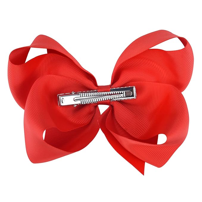 DEEKA 2 PCS 6" Big Hand-made Grosgrain Ribbon Solid Color Hair Bows Alligator Clips Hair Accessories for Little Teen Toddler Girls Kids Set of 2 -Red
