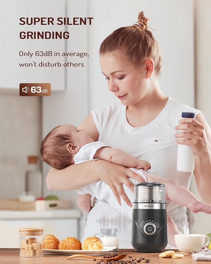 SHARDOR Electric Super Silent Blade Coffee Grinder, Timed Grind Control Rotary Knob, Adjustable Coarse to Fine for Coffee Beans, Spices & Herbs, with 1 Removable Stainless Steel Bowl,Light Gray