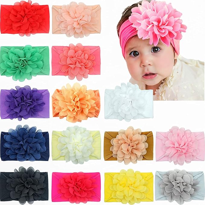 CÉLLOT 15 Pieces Baby Girls Headbands Tulle Hair Bows Head Wraps Chiffon Flowers Bows Soft Stretchy Turban Headbands for Newborn Infant Girls and Toddlers