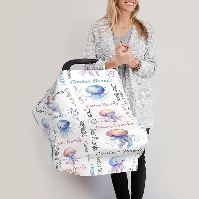 Personalized Baby Car Seat Cover with Name Stroller Canopy Custom Jellyfish Carseat Cover Newborn Baby Boy Girl Nursing Cover for Moms First Birthday Gift