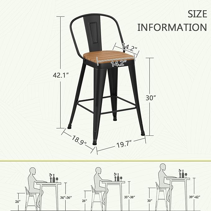 Outdoor Metal Bar Stools Set of 4,30 inch Barstools Counter Height Bar Stool with High Back Farmhouse Kitchen Dining Chairs Bar Funiture for Outside
