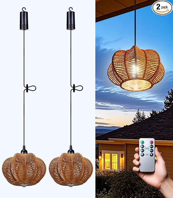 Battery Operated Chandelier Outdoor Waterproof, Gazebo Lights Battery Powered, Boho Rattan Hanging Pendant Light for Porch, Patio, Pergola, Garden, Balcony (2 Pack)